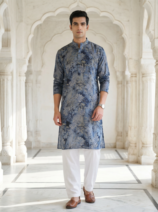 Neel Pushp, Azure Bloom Modern Blue Floral Digital Print Soft Cotton Rayon Men’s Kurta