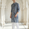 Neel Pushp, Azure Bloom Modern Blue Floral Digital Print Soft Cotton Rayon Men’s Kurta