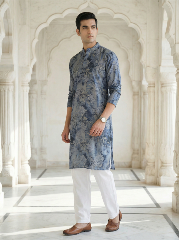Neel Pushp, Azure Bloom Modern Blue Floral Digital Print Soft Cotton Rayon Men’s Kurta