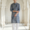 Neel Pushp, Azure Bloom Modern Blue Floral Digital Print Soft Cotton Rayon Men’s Kurta