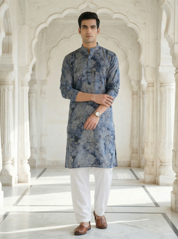 Neel Pushp, Azure Bloom Modern Blue Floral Digital Print Soft Cotton Rayon Men’s Kurta