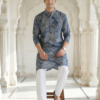 Neel Pushp, Azure Bloom Modern Blue Floral Digital Print Soft Cotton Rayon Men’s Kurta