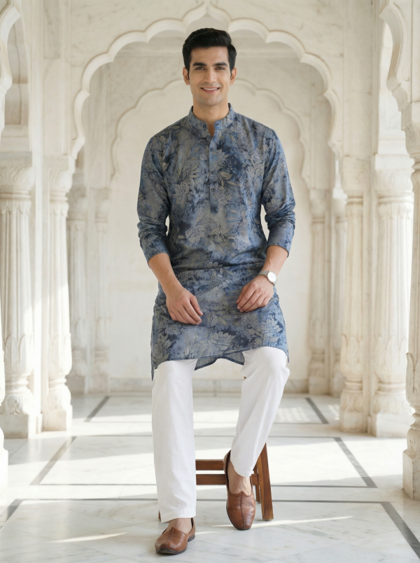 Neel Pushp, Azure Bloom Modern Blue Floral Digital Print Soft Cotton Rayon Men’s Kurta