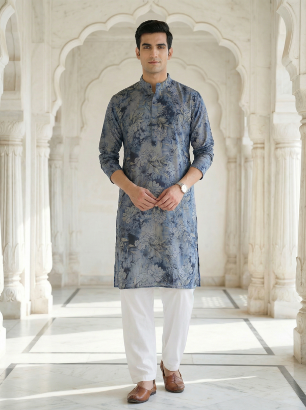 Neel Pushp, Azure Bloom Modern Blue Floral Digital Print Soft Cotton Rayon Men’s Kurta